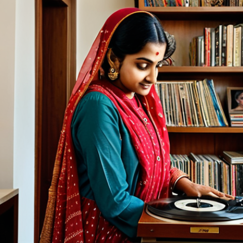 **

"A cozy living room scene, featuring a woman fully clothed in modest Indian attire (salwar kameez), carefully placing an LP record on a vintage turntable. Warm lighting, bookshelf filled with records in the background. Safe for work, appropriate content, family-friendly, professional photography, perfect anatomy, correct proportions, natural pose, well-formed hands, proper finger count, natural body proportions."

**