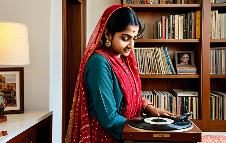 **

"A cozy living room scene, featuring a woman fully clothed in modest Indian attire (salwar kameez), carefully placing an LP record on a vintage turntable. Warm lighting, bookshelf filled with records in the background. Safe for work, appropriate content, family-friendly, professional photography, perfect anatomy, correct proportions, natural pose, well-formed hands, proper finger count, natural body proportions."

**