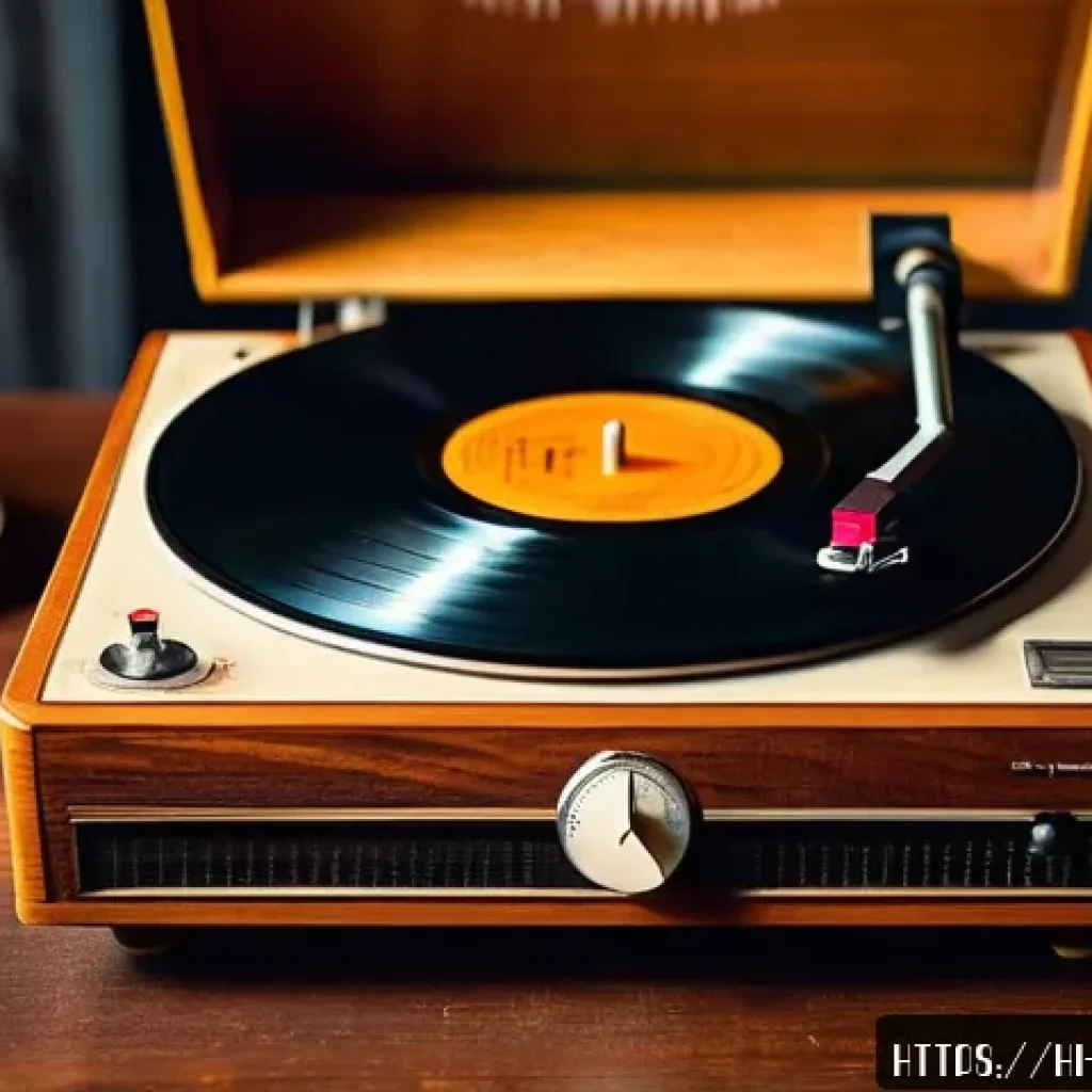 아날로그와 디지털 기술의 차이 - A cozy vintage room scene featuring an old analog record player with a spinning vinyl record, warm a...