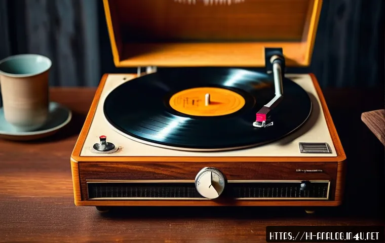 아날로그와 디지털 기술의 차이 - A cozy vintage room scene featuring an old analog record player with a spinning vinyl record, warm a...