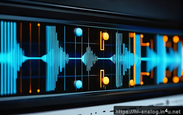 아날로그 회로와 디지털 회로 비교 - A detailed, high-tech illustration showing the contrast between analog and digital signals: on the l...