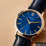 Home 21 아날로그 시계 디자인 - A classic 1950s-inspired analog wristwatch featuring a round metallic blue dial with subtle texture ...