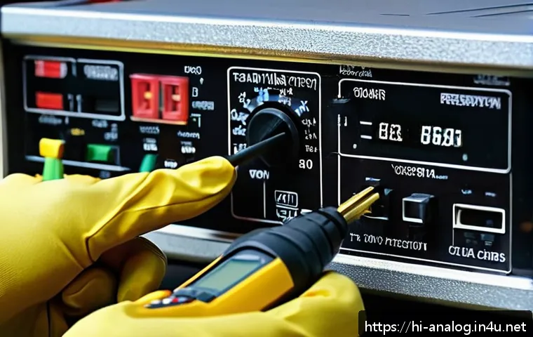 아날로그 기기 수리 - A detailed close-up of a technician’s hands using a digital multimeter and a precision screwdriver t...