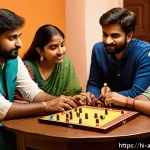 Home 19 아날로그 게임 대회 - A detailed scene of a group of Hindi-speaking friends sitting around a well-lit table playing a stra...