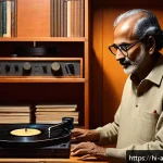 Home 23 빈티지 아날로그 오디오 시스템 - A cozy vintage music room with a classic analog turntable playing a vinyl record, warm ambient light...