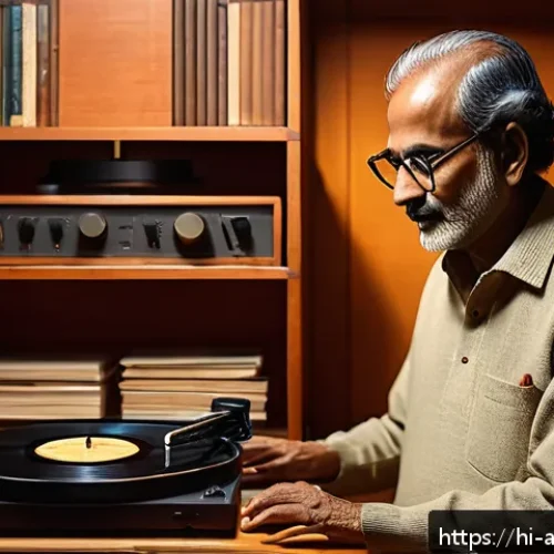 Home 17 빈티지 아날로그 오디오 시스템 - A cozy vintage music room with a classic analog turntable playing a vinyl record, warm ambient light...